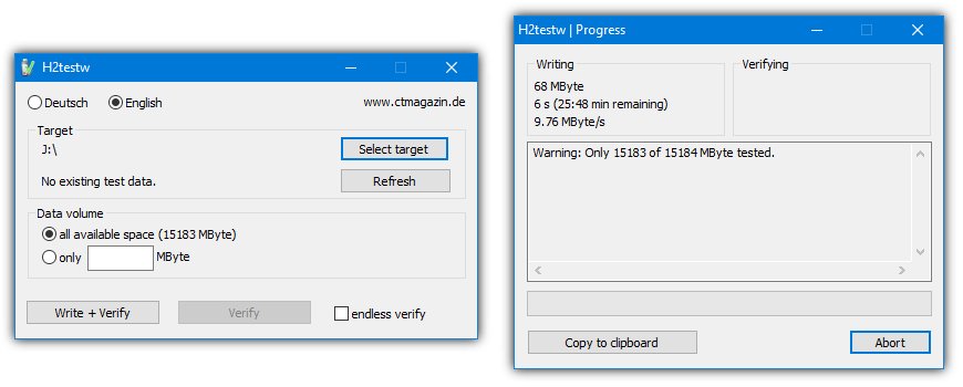 h2testw tools to test fake USB capacity