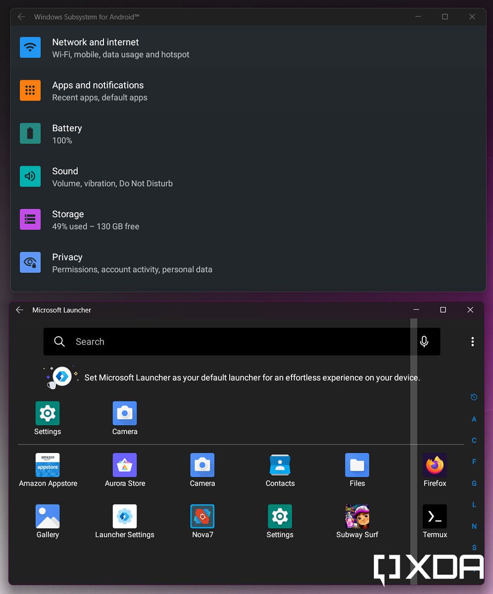 WSA launcher app settings