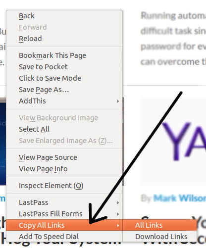 Copy all the links on a web page via right-click on Firefox.