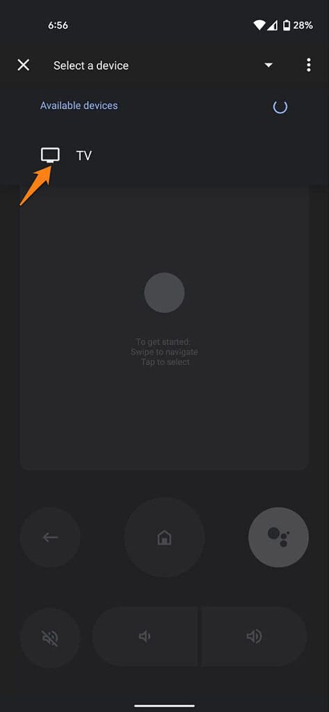 Google TV remote interface with arrow pointing towards available TV
